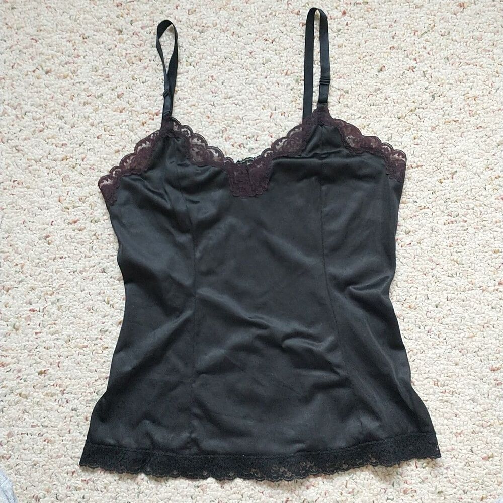Vtg Pembrook Tank Top Cami Babydoll Womens 34 XS Black Strap Lace Sexy Fairy